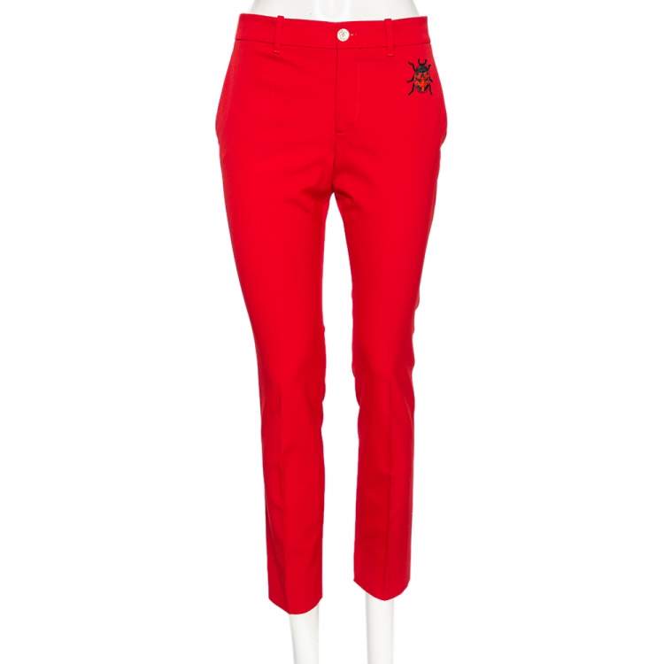 Pre Owned Gucci Red Wool Ladybug Patch Detail Tapered Leg Pants M