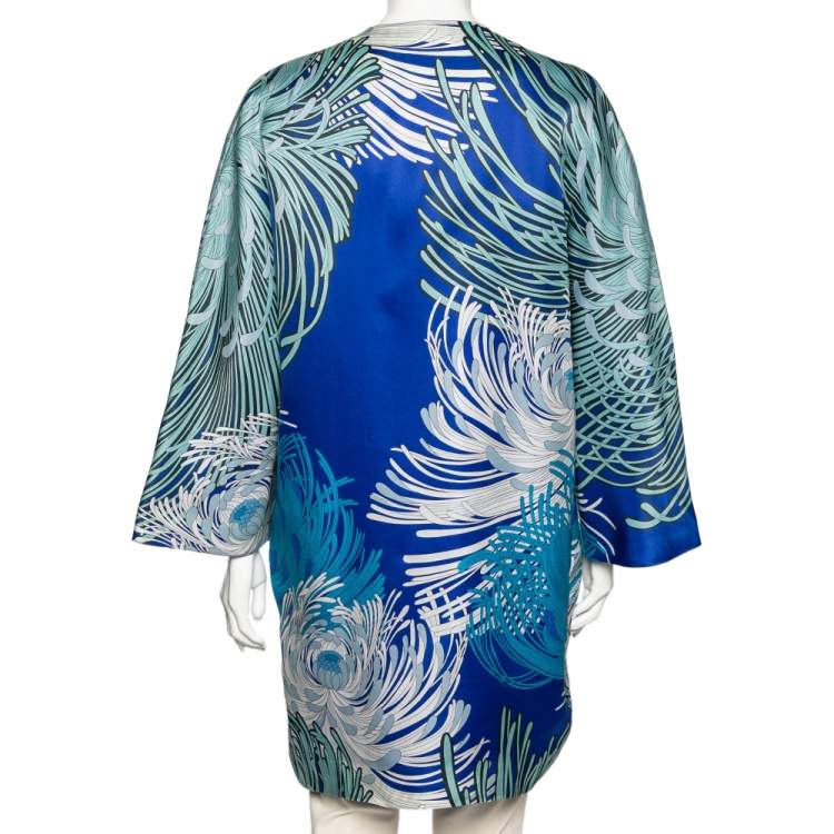 Pre Owned Gucci Blue Printed Silk Button Front Lightweight Coat M 