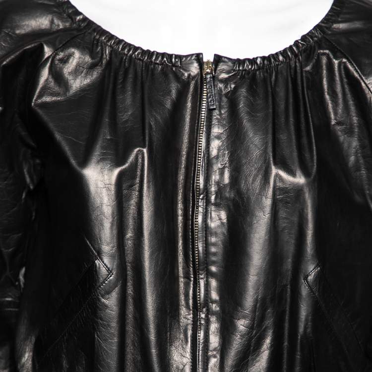 Pre Owned Gucci Black Leather Elasticized Hem Detail Zip Front Jacket M 