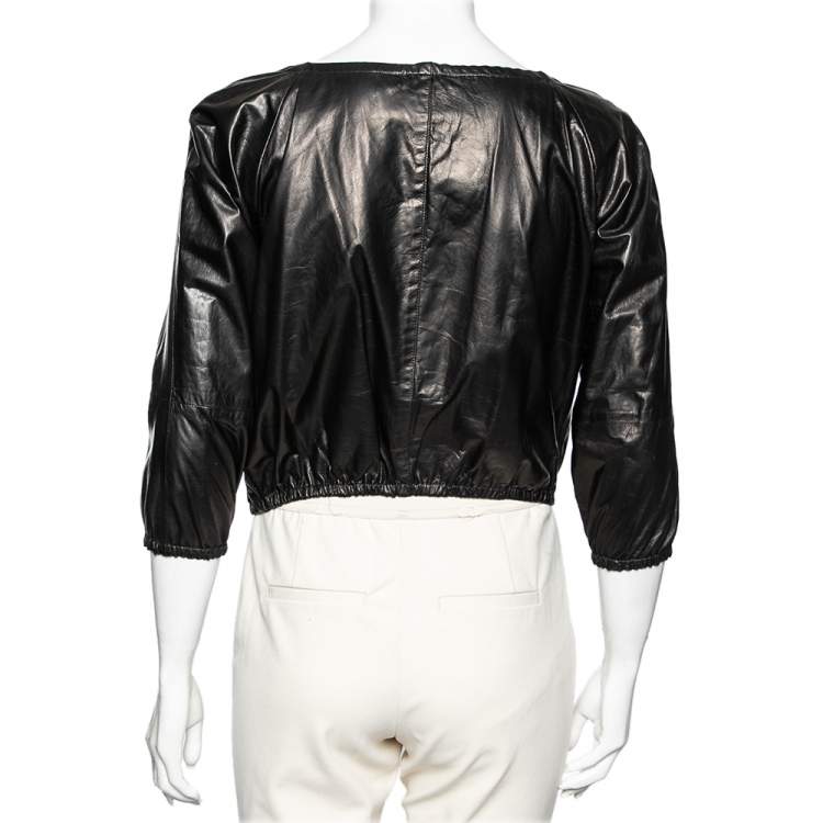 Pre Owned Gucci Black Leather Elasticized Hem Detail Zip Front Jacket M 