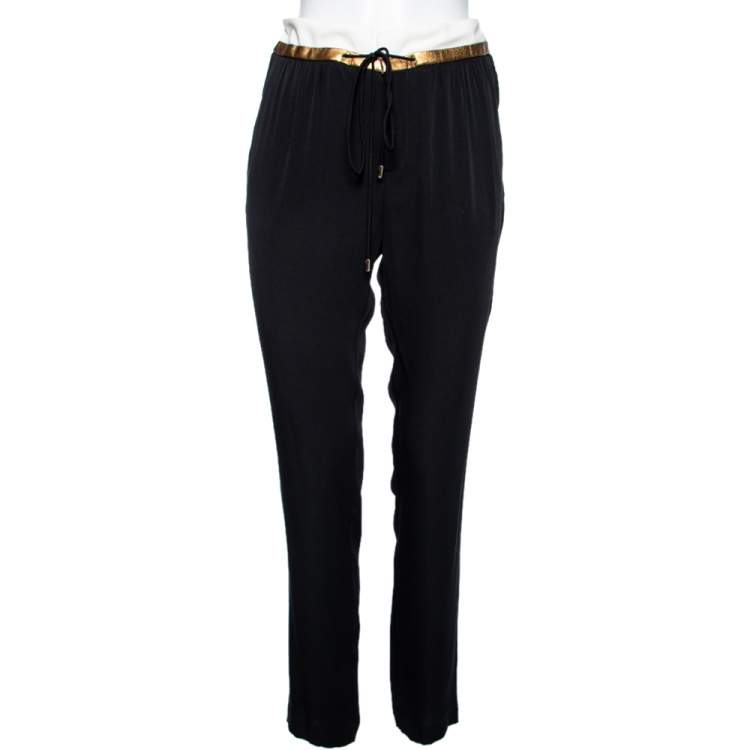 Pre Owned Gucci Black Silk and Leather Trim Drawstring Trouser M