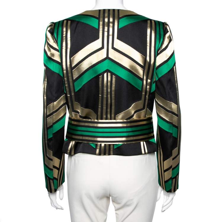Pre Owned Gucci Green And Metallic Jacquard Long Sleeve Belted Box Jacket M