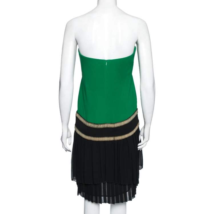 Pre Owned Gucci Green and Black Plisse Silk Detail Embellished Strapless Dress M