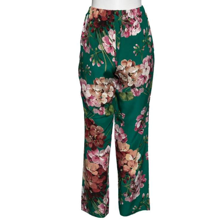 Pre Owned Gucci Green Floral Printed Silk Pants M