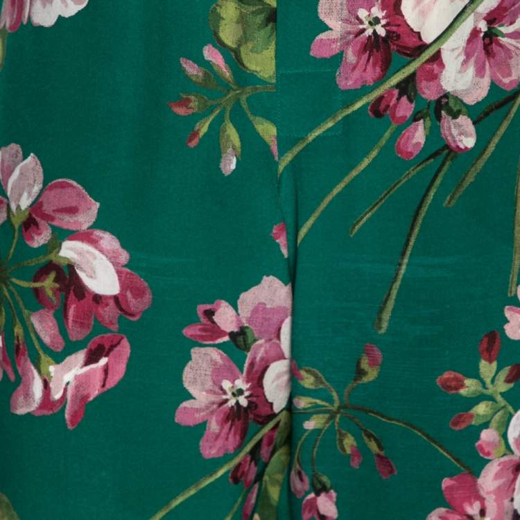 Pre Owned Gucci Green Floral Printed Silk Pants M