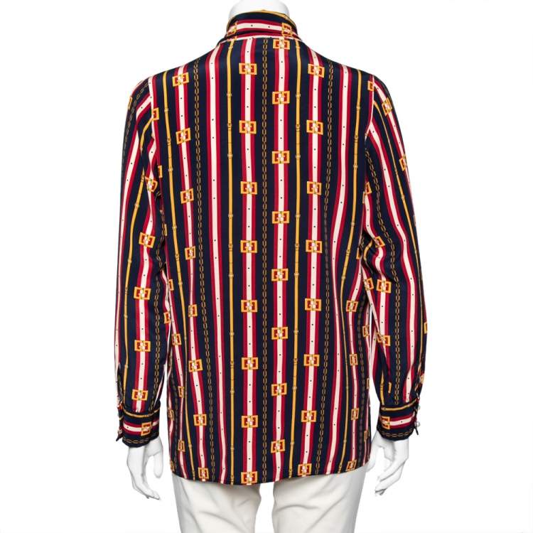 Pre Owned Gucci Multicolor GG Stripe Silk Bow Front Collar Silk Shirt M