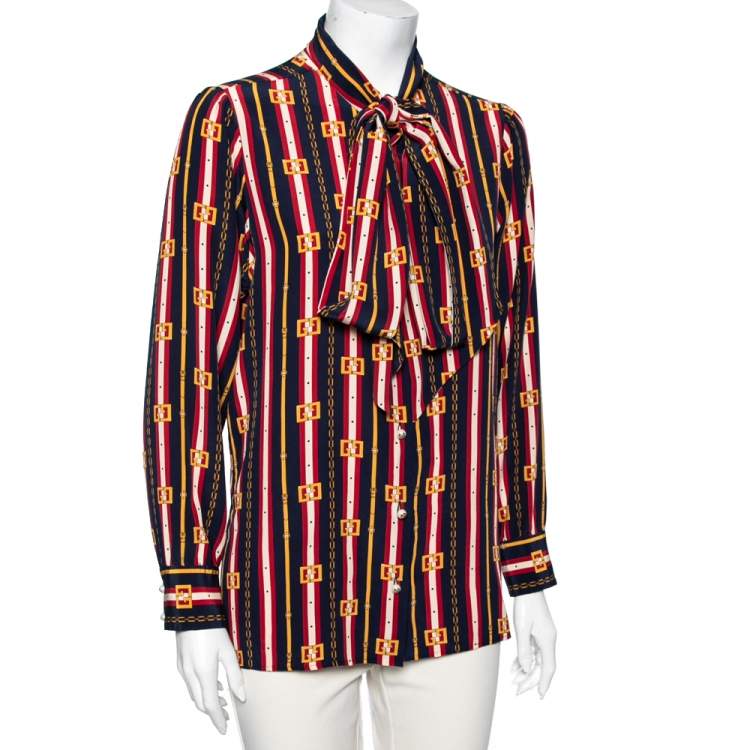 Gucci Multicolor GG Stripe Silk Bow Front Collar Silk Shirt M Gucci