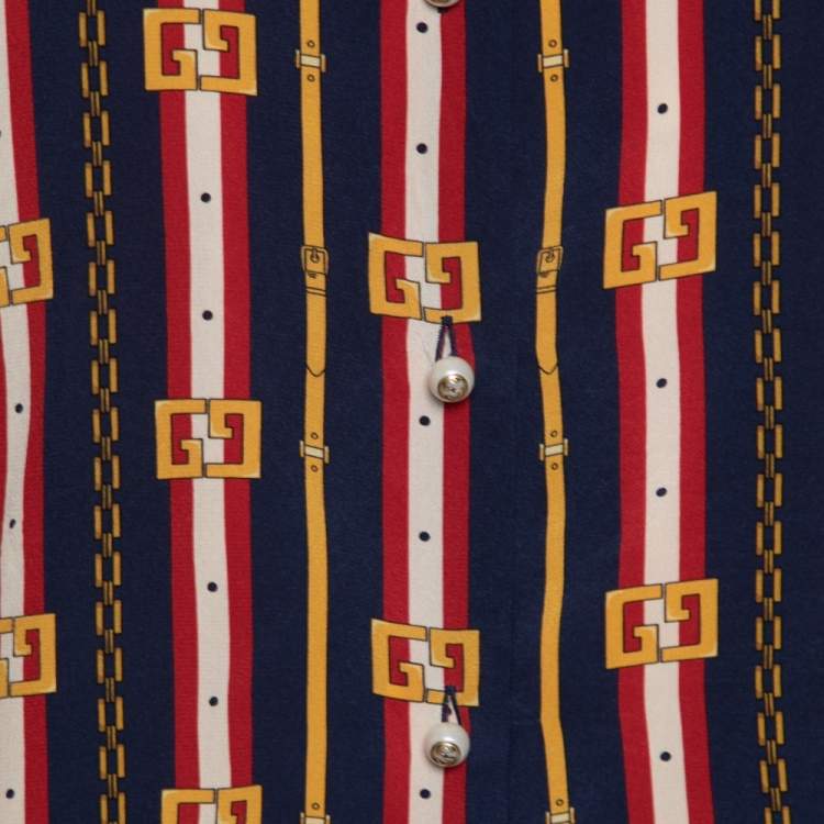 Pre Owned Gucci Multicolor GG Stripe Silk Bow Front Collar Silk Shirt M