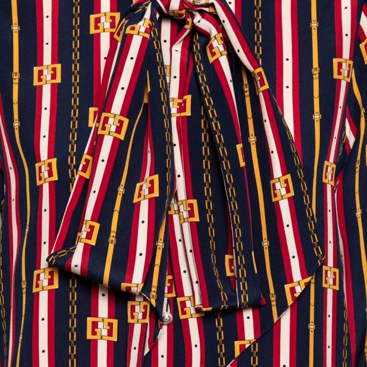 Pre Owned Gucci Multicolor GG Stripe Silk Bow Front Collar Silk Shirt M