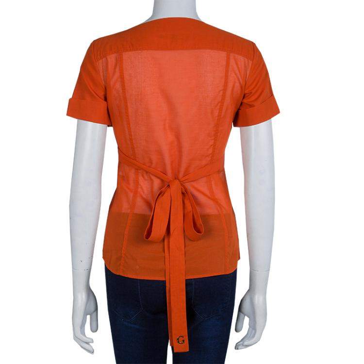 Pre Owned Gucci Orange Front Tie Detail Short Sleeve Cotton Blouse  S