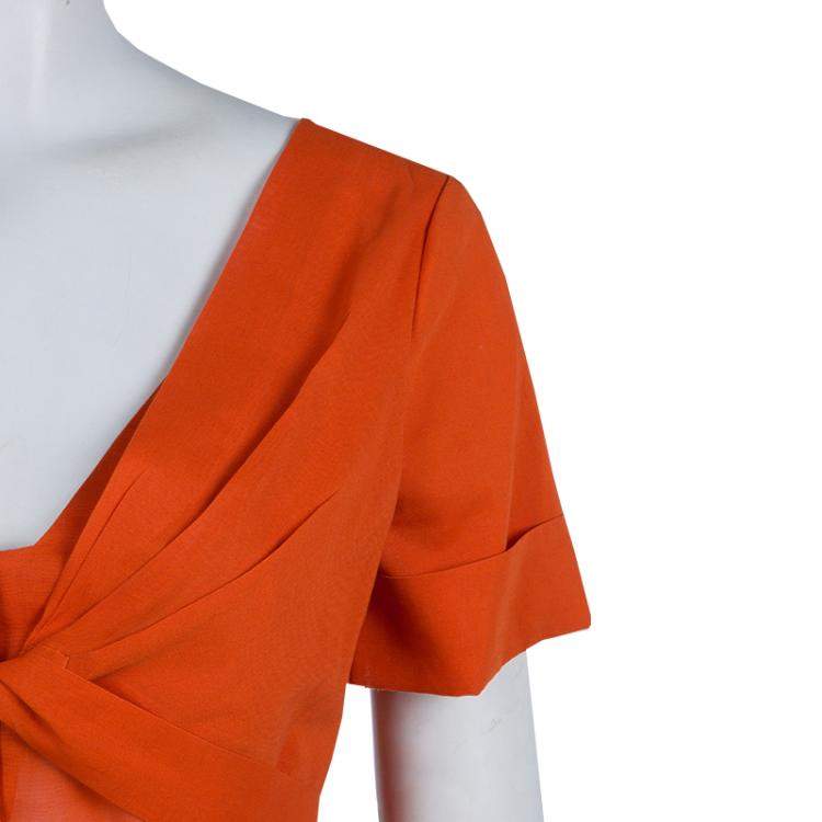 Pre Owned Gucci Orange Front Tie Detail Short Sleeve Cotton Blouse  S