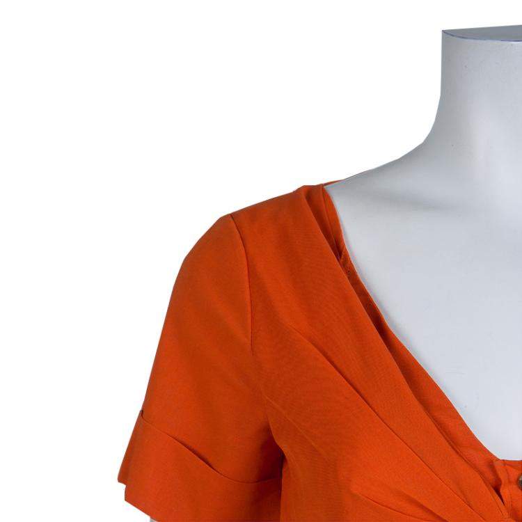 Pre Owned Gucci Orange Front Tie Detail Short Sleeve Cotton Blouse  S