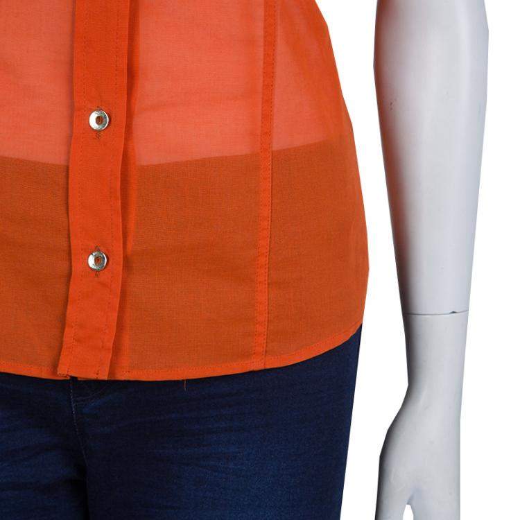 Pre Owned Gucci Orange Front Tie Detail Short Sleeve Cotton Blouse  S