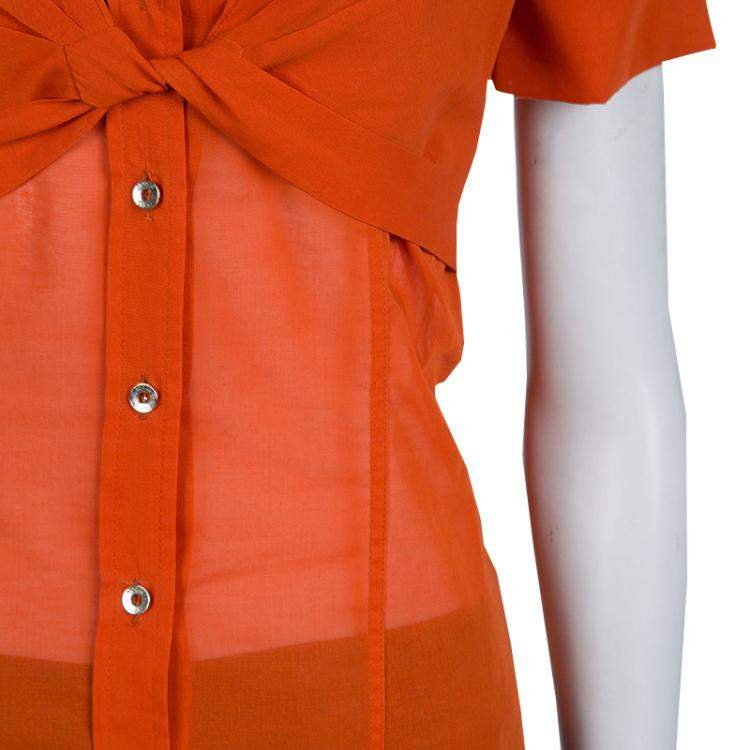 Pre Owned Gucci Orange Front Tie Detail Short Sleeve Cotton Blouse  S