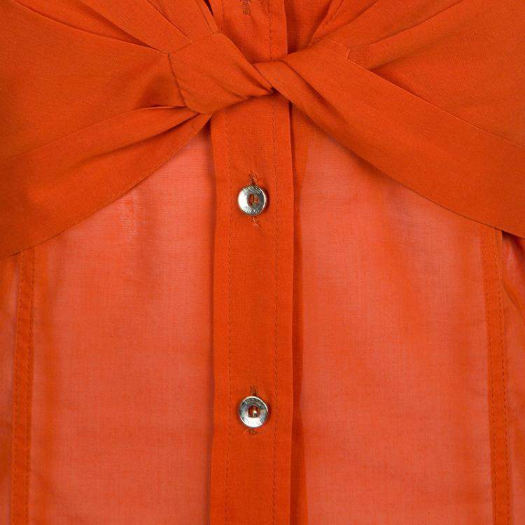Pre Owned Gucci Orange Front Tie Detail Short Sleeve Cotton Blouse  S