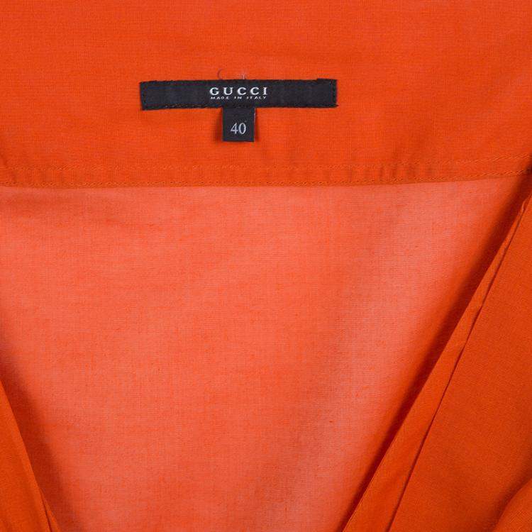 Pre Owned Gucci Orange Front Tie Detail Short Sleeve Cotton Blouse  S