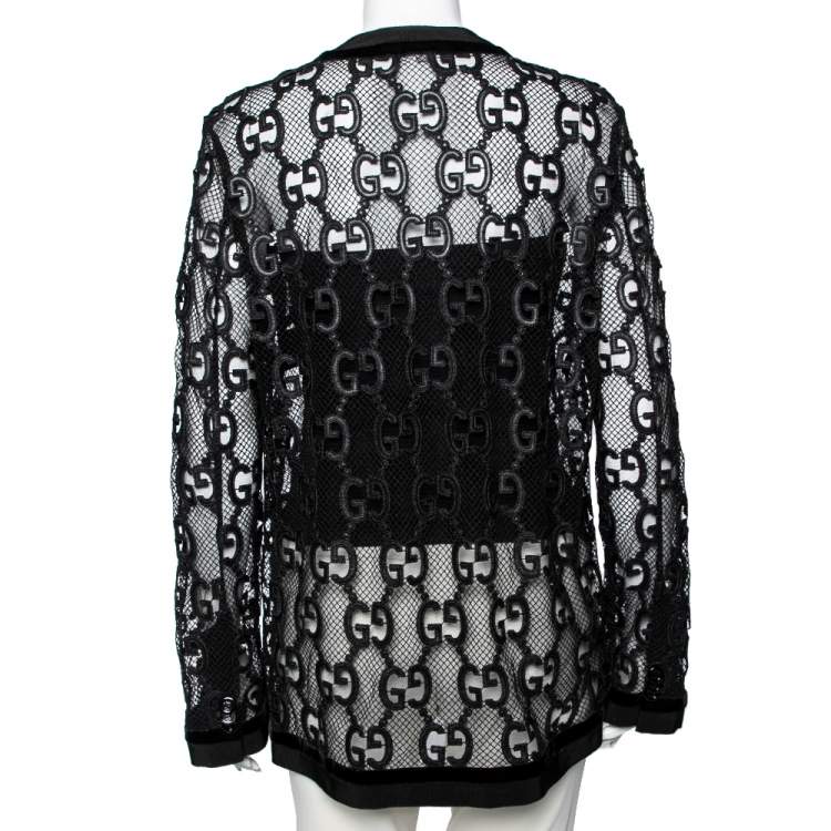 Pre Owned Gucci Black Mesh Laser Cut GG Long Sleeve Button Front Jacket M