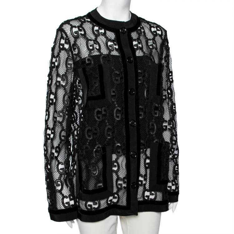 Pre Owned Gucci Black Mesh Laser Cut GG Long Sleeve Button Front Jacket M
