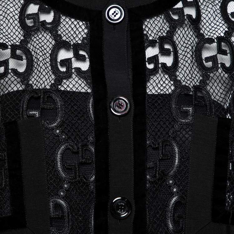 Pre Owned Gucci Black Mesh Laser Cut GG Long Sleeve Button Front Jacket M