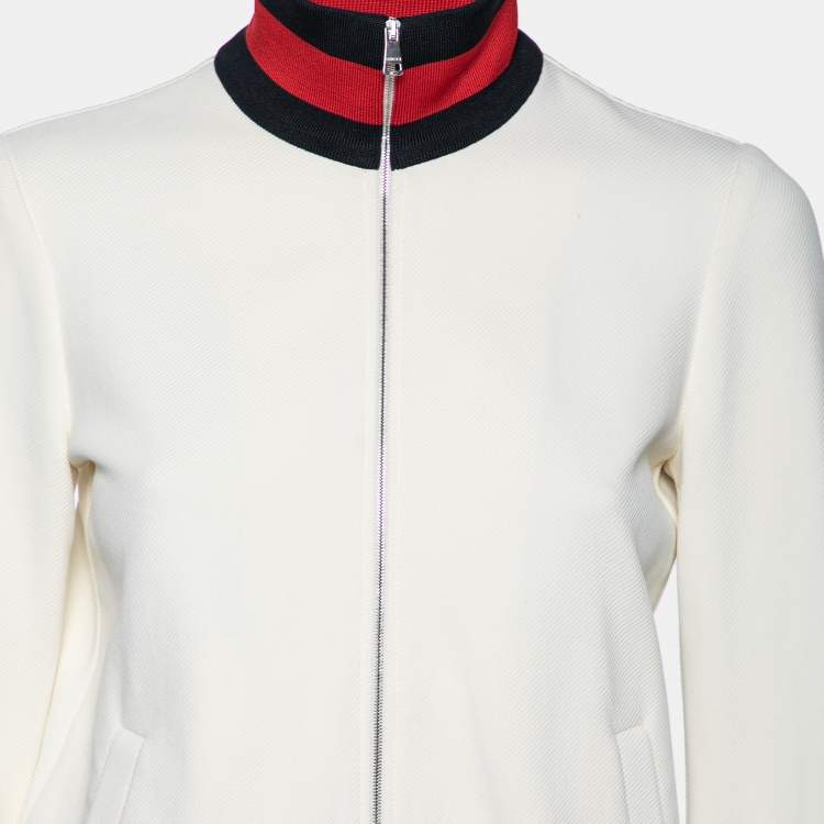 Pre Owned Gucci Cream Jersey Knit Web Stripe Trimmed Bomber Jacket M