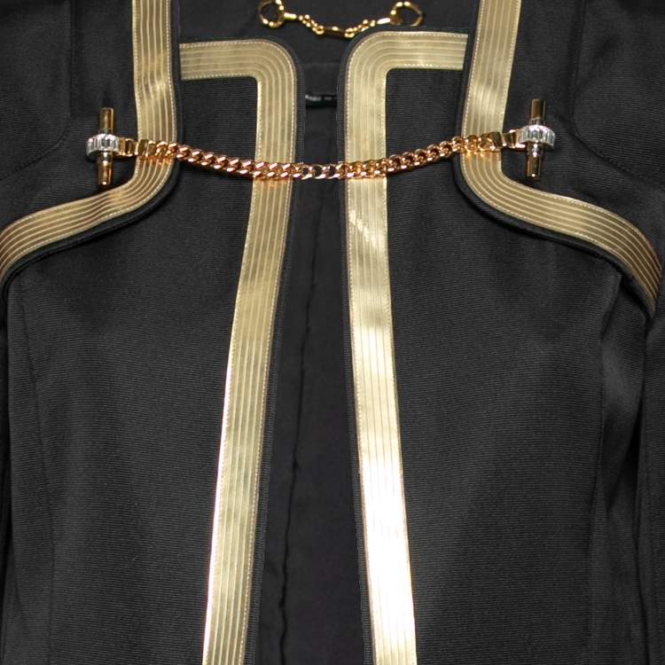 Pre Owned Gucci Black Silk & Leather Trimmed Chain Embellished Jacket M