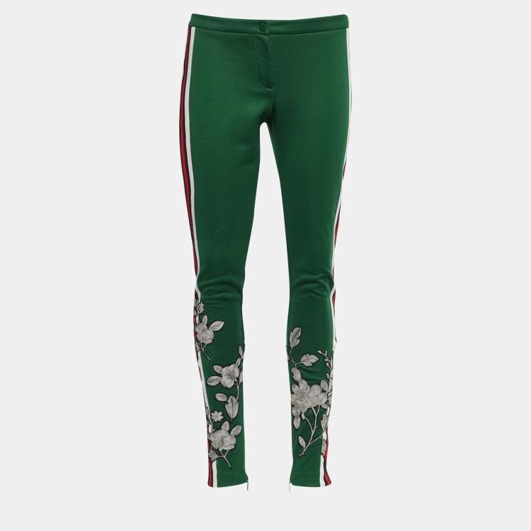 Pre Owned Gucci Green Jersey Knit Floral Embroidered Stirrup Leggings S