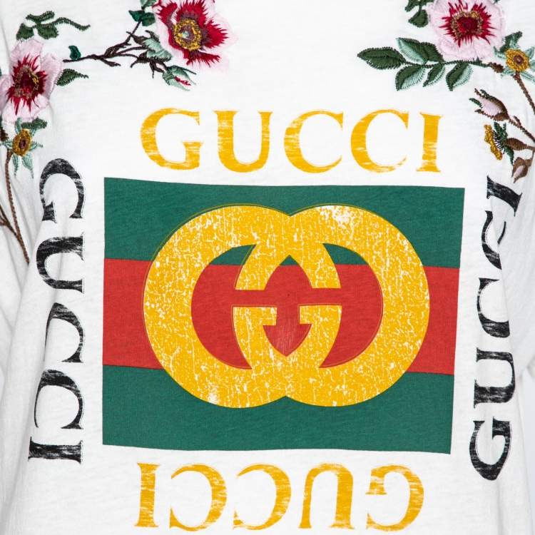 Pre Owned Gucci White Logo Printed & Embroidered Cotton Distressed T-Shirt XS