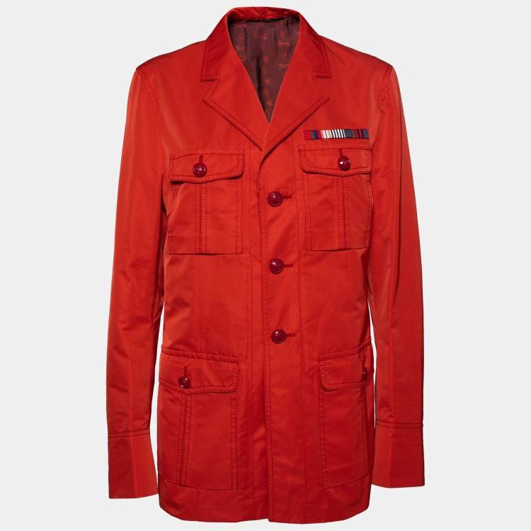 Pre Owned Gucci Red Synthetic Web Line Safari Coat L