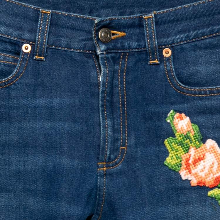 Pre Owned Gucci Navy Blue Cotton Embroidered Jeans S