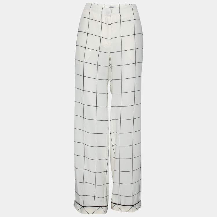 Pre Owned Valentino White and Black Windowpane Check Printed Silk Trousers L