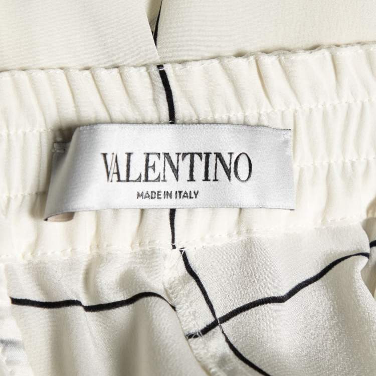 Pre Owned Valentino White and Black Windowpane Check Printed Silk Trousers L