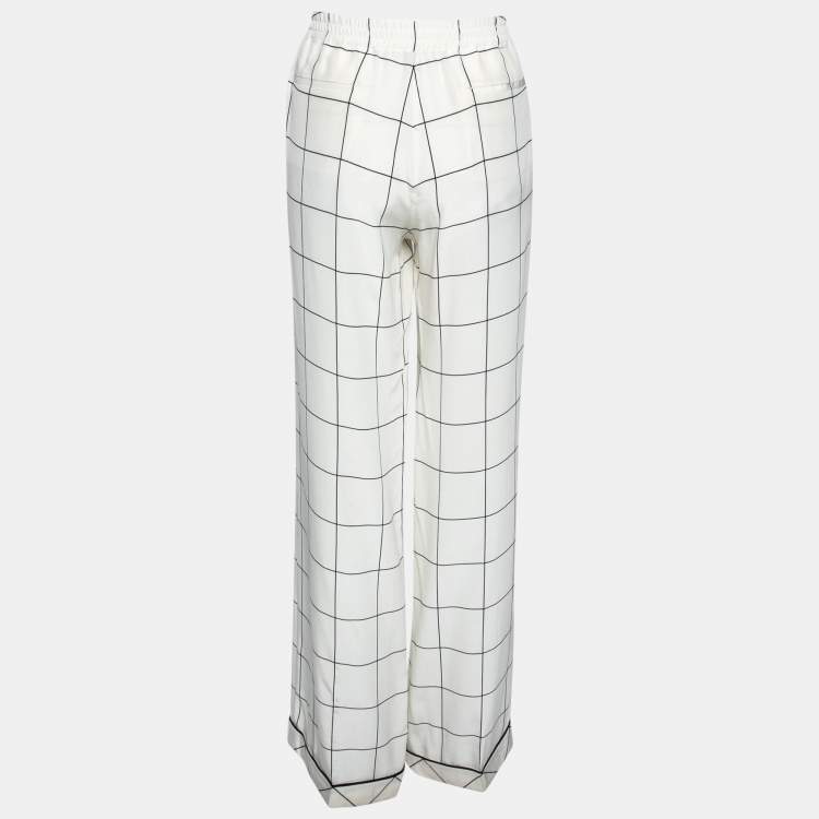Pre Owned Valentino White and Black Windowpane Check Printed Silk Trousers L