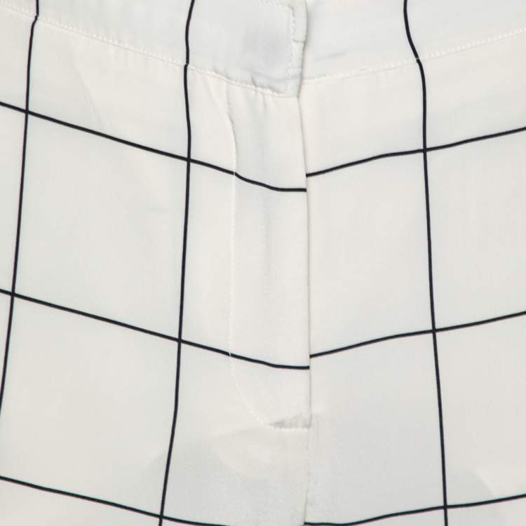 Pre Owned Valentino White and Black Windowpane Check Printed Silk Trousers L