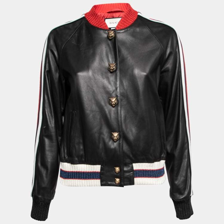 Gucci Black Leather Hollywood Embroidered Bomber Jacket M Gucci