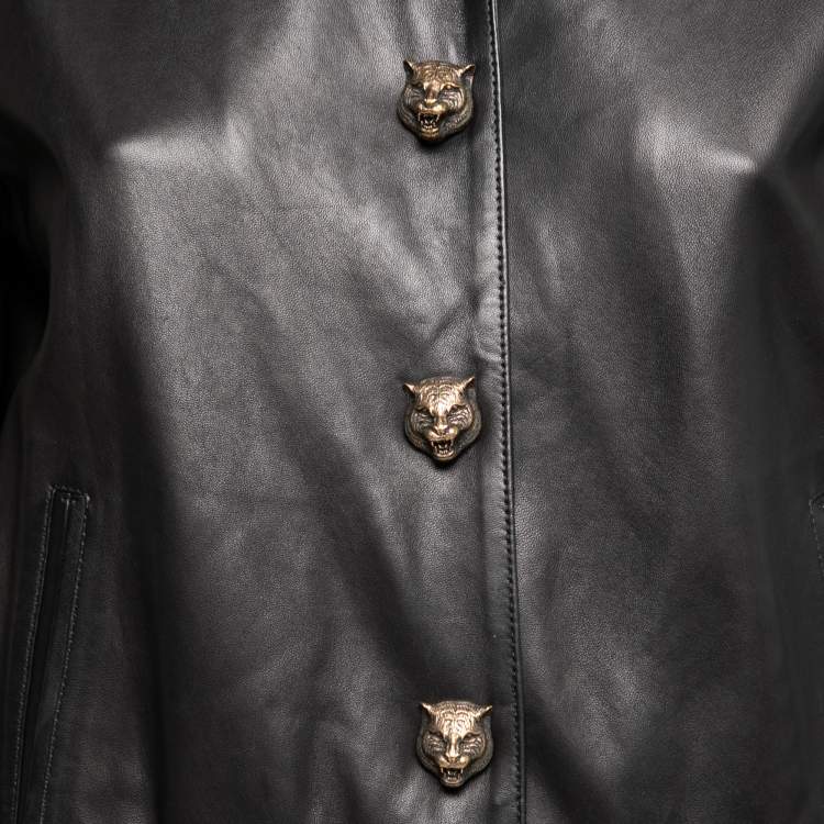 Pre Owned Gucci Black Leather Hollywood Embroidered Bomber Jacket M