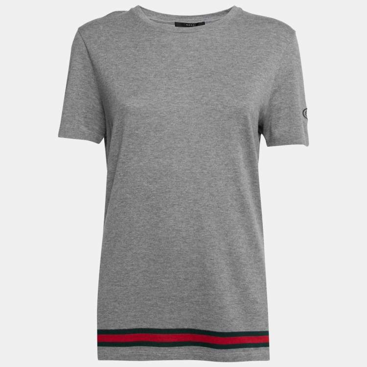 Pre Owned Gucci Grey Cotton Gucci Stripped Crew Neck Top L