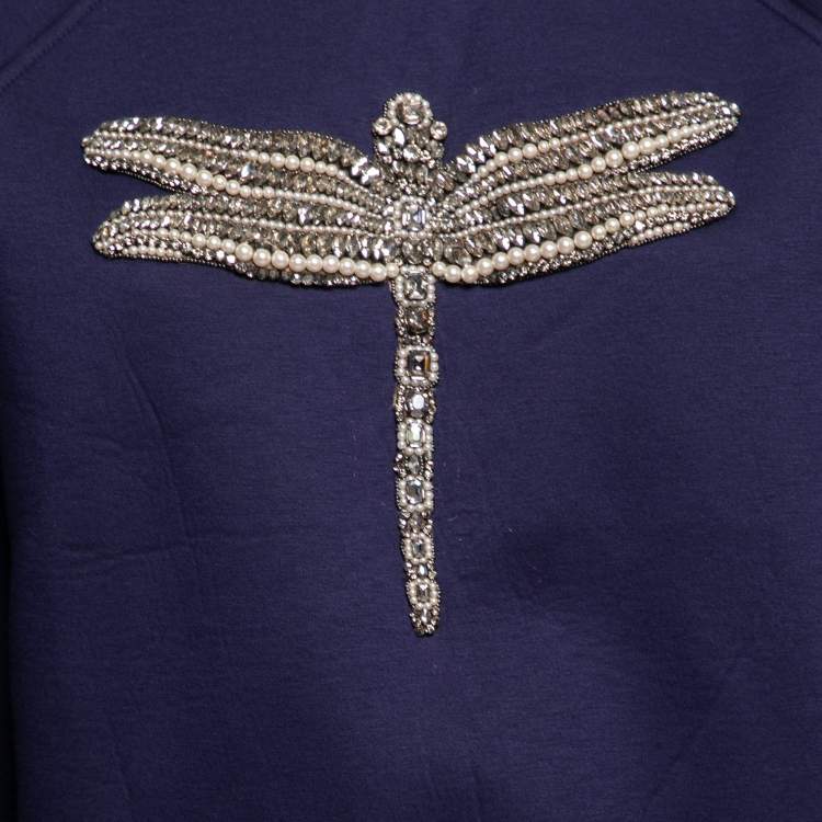 Pre Owned Gucci Navy Blue Knit Crystal Embroidered Dragonfly Patch Sweater XS