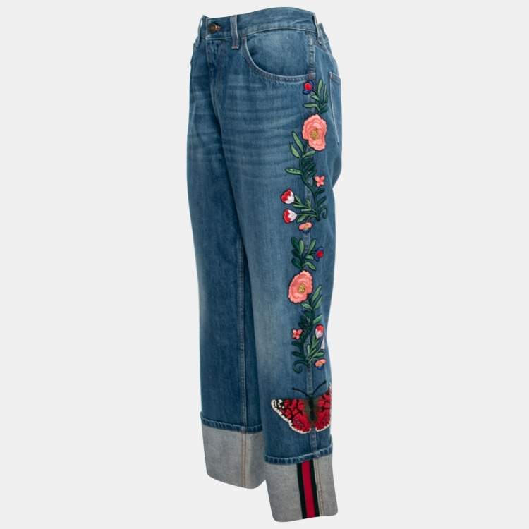 Pre Owned Gucci Blue Denim Floral Embroidered Straight Leg Jeans L