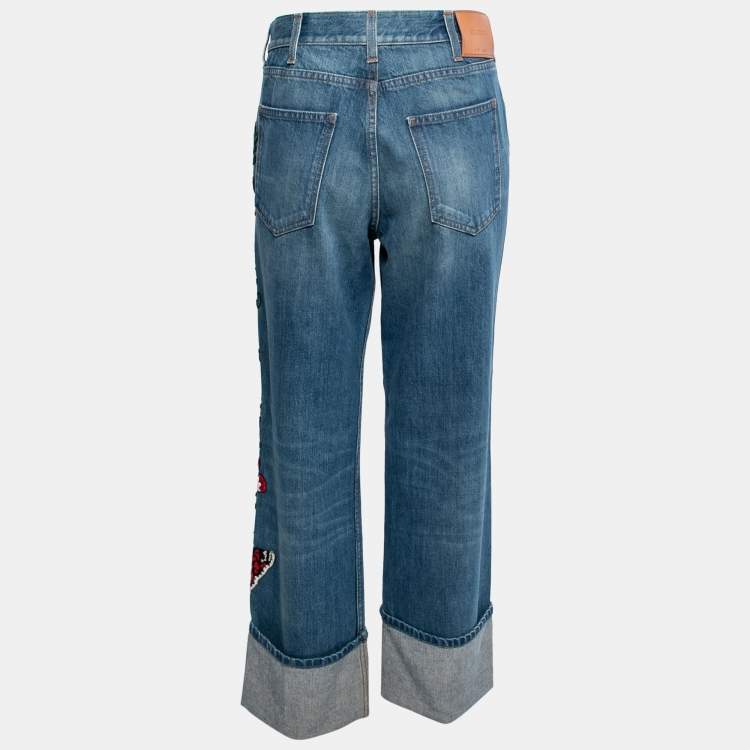 Pre Owned Gucci Blue Denim Floral Embroidered Straight Leg Jeans L