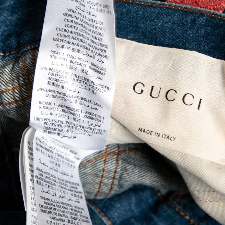 Pre Owned Gucci Blue Denim Floral Embroidered Straight Leg Jeans L
