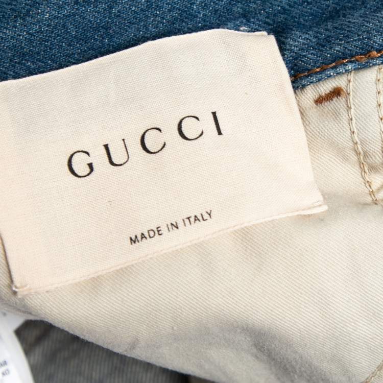 Pre Owned Gucci Blue Denim Floral Embroidered Straight Leg Jeans L