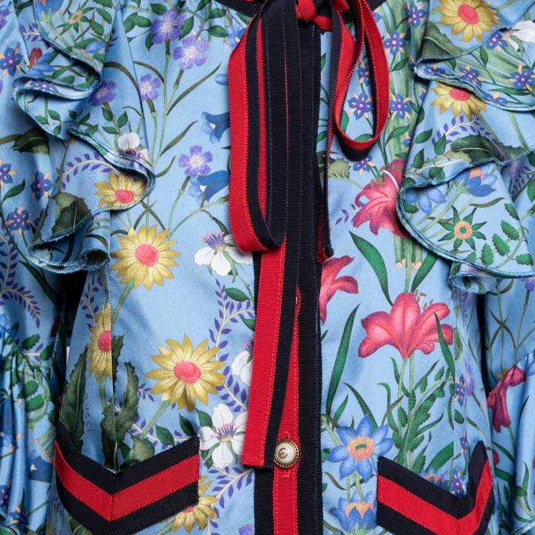 Pre Owned Gucci Blue Floral Printed Silk Ruffle Detail Button Front Jacket M