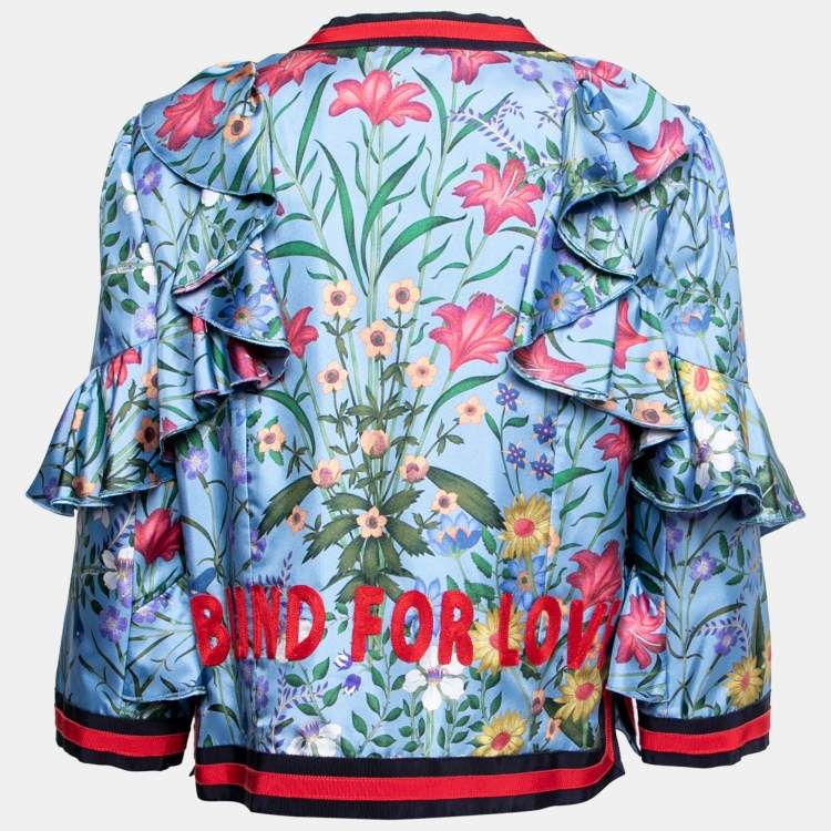 Pre Owned Gucci Blue Floral Printed Silk Ruffle Detail Button Front Jacket M