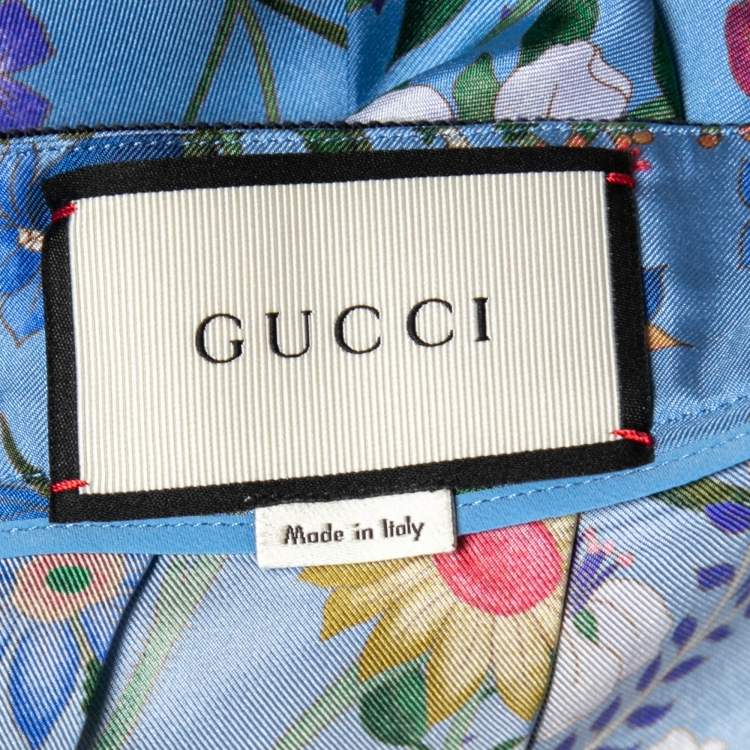 Pre Owned Gucci Blue Floral Printed Silk Pleated Midi Skirt M