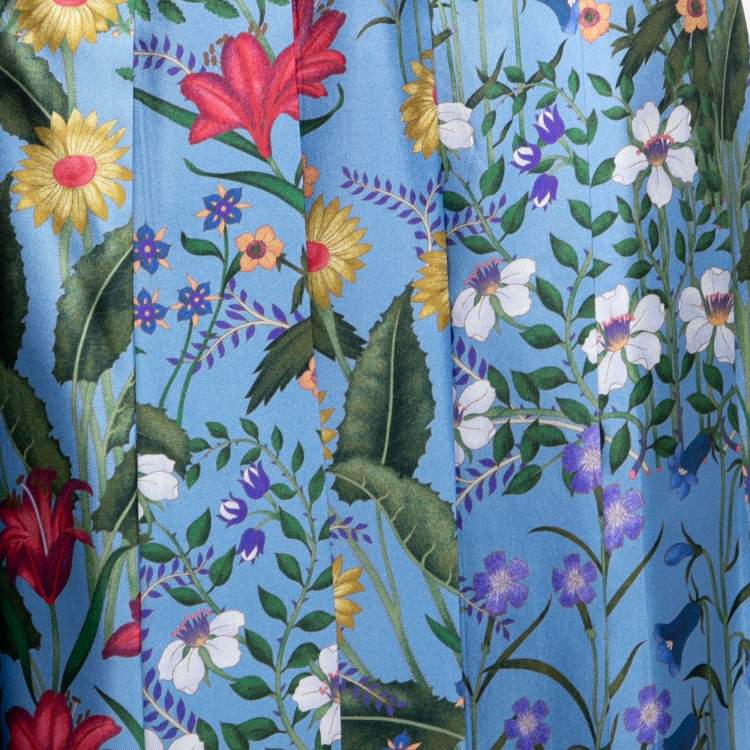 Pre Owned Gucci Blue Floral Printed Silk Pleated Midi Skirt M