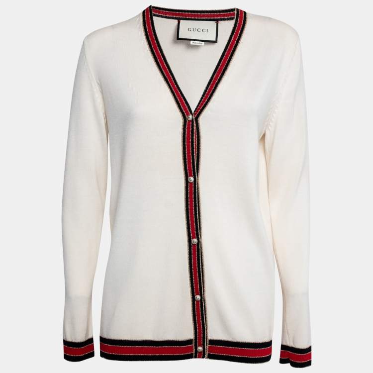 Gucci Cream Wool Lurex Web Stripe Trimmed Button Front Cardigan XL Gucci |  TLC