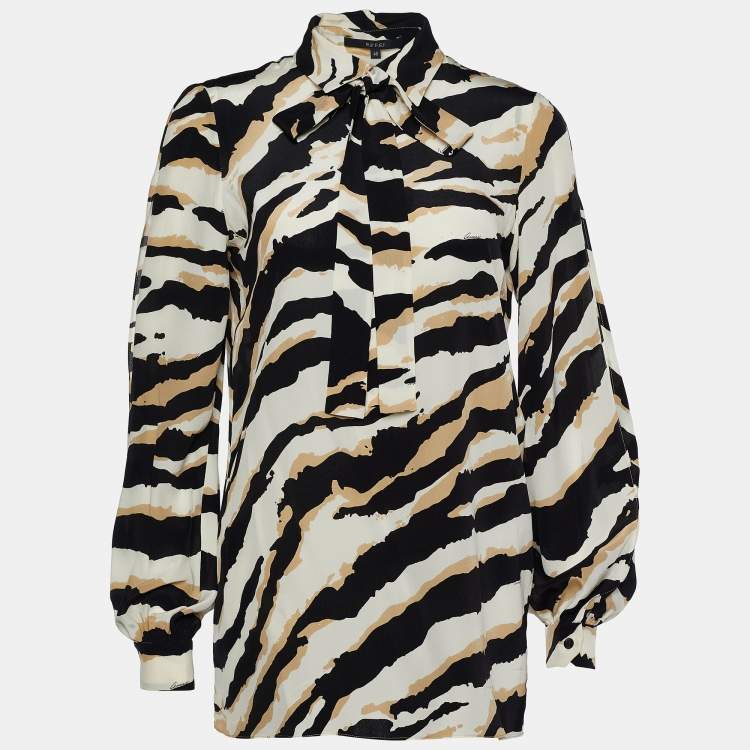 Pre Owned Gucci White and Black Printed Silk Top S