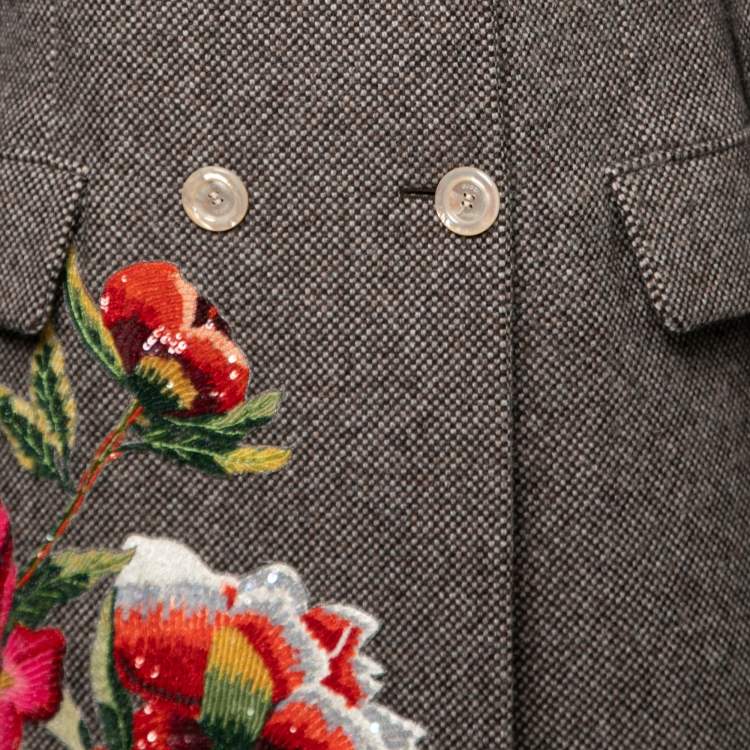 Pre Owned Gucci Brown Wool Floral Sequin Embroidered Embellished Coat S