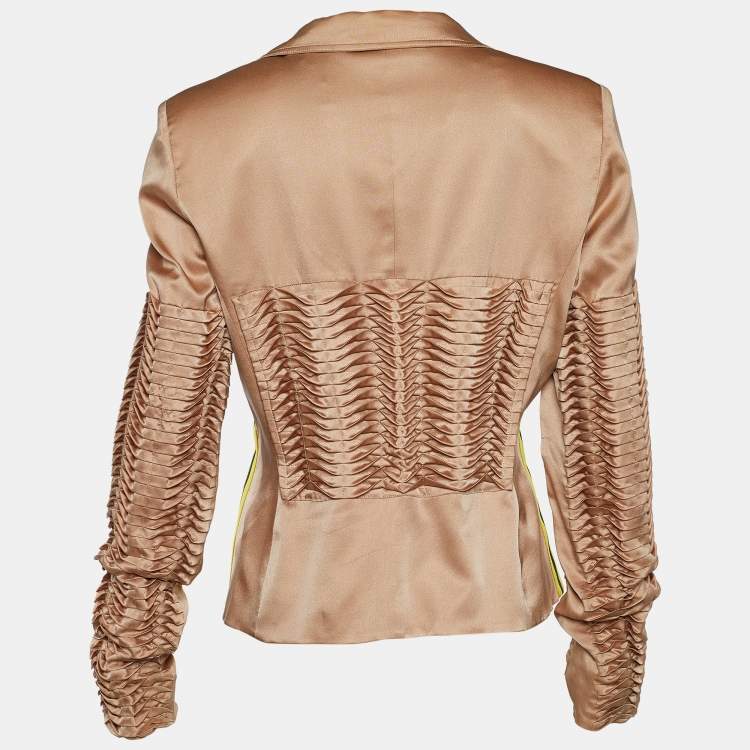 Pre Owned Gucci Copper Silk Pintuck Detail Zip Front Jacket L