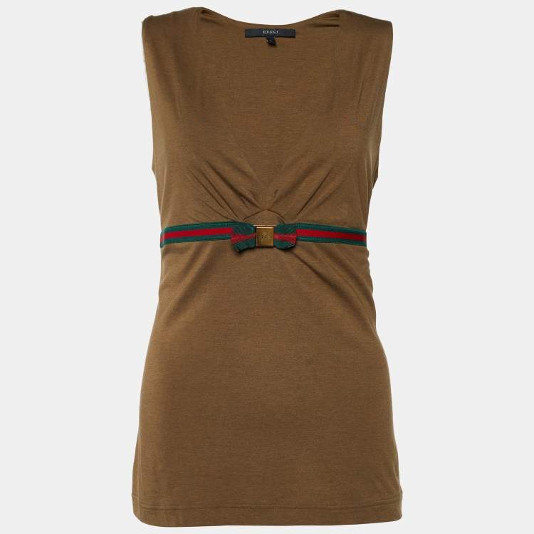 Pre Owned Gucci Brown Mélange Knit Web Stripe V Neck Top L